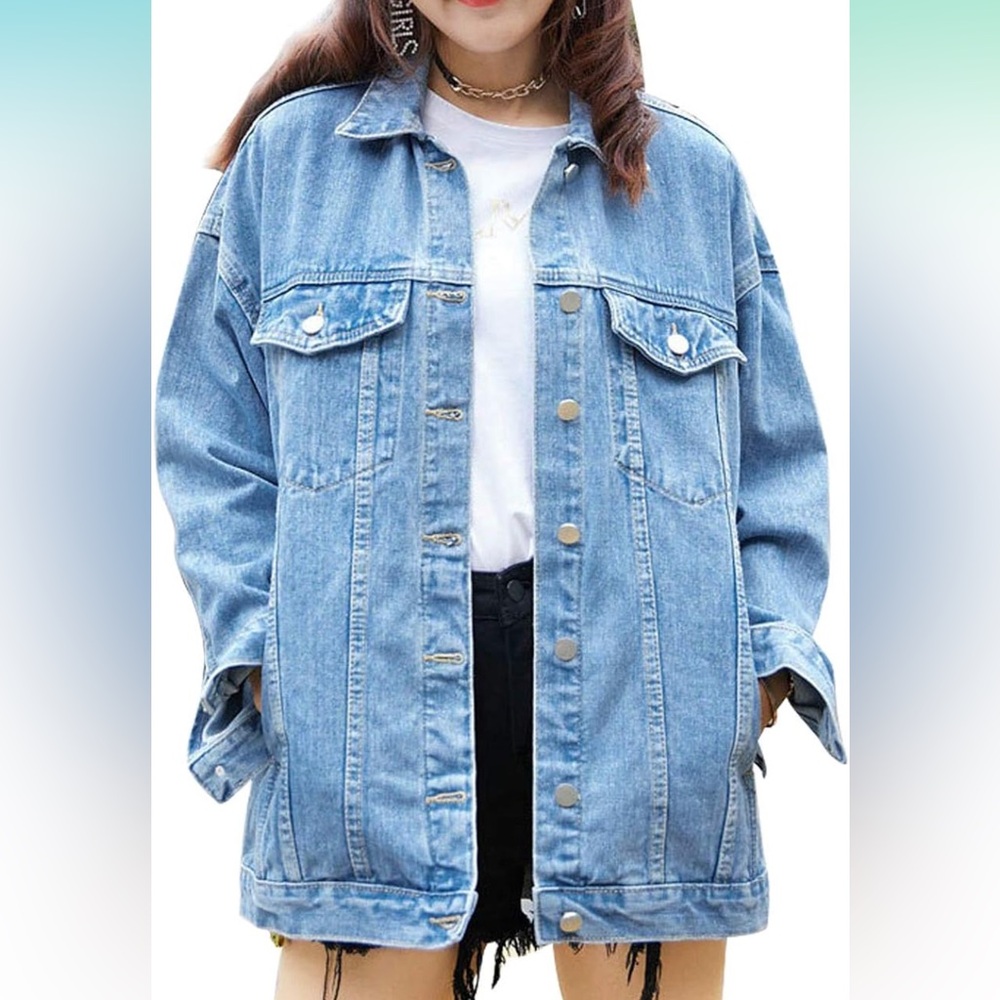 Omoone Women's Oversized Mid Long Denim Jacket Jean Biker Coat